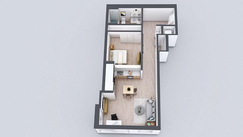 A top-down view of a modern apartment layout.